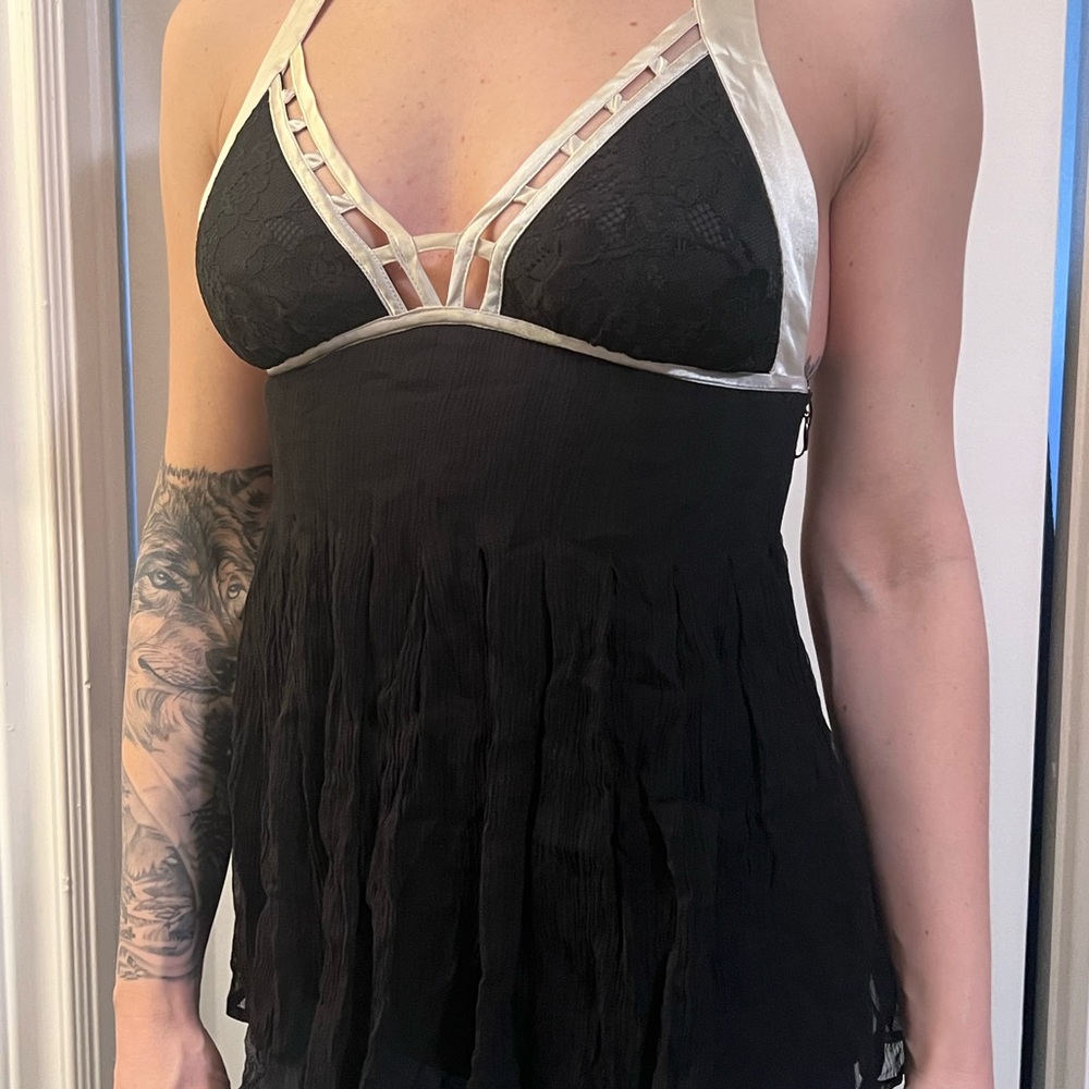 Bebe Black and Cream Chiffon Top